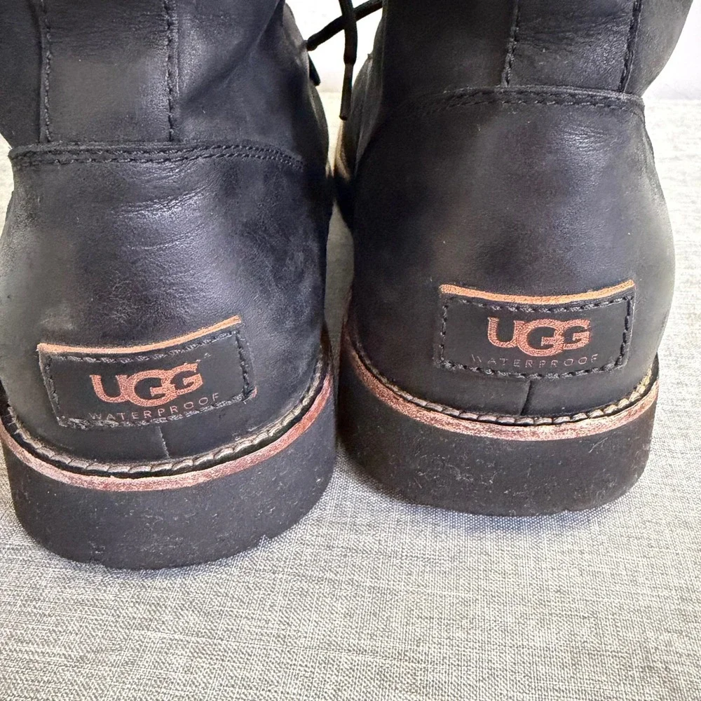 UGG Hannen TL Boots Mens 11 Black Waterproof Leather Shearling Lined Lace Up